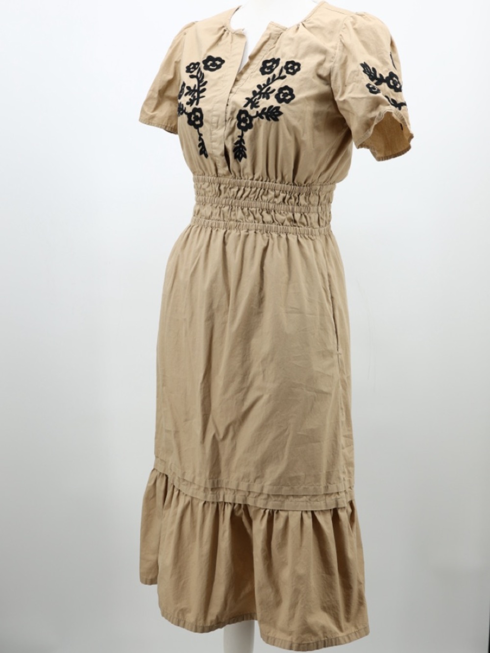 French Connection Embroidered Midi Cotton Dress Smocked Waist Pockets Beige XS‎